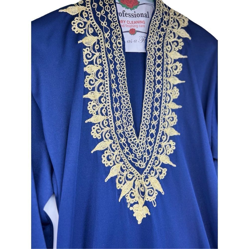 2 Piece Indian Outfit Sheer Robe & Dress Blue and Gold Floral Embroidery Tunic - Picture 11 of 14